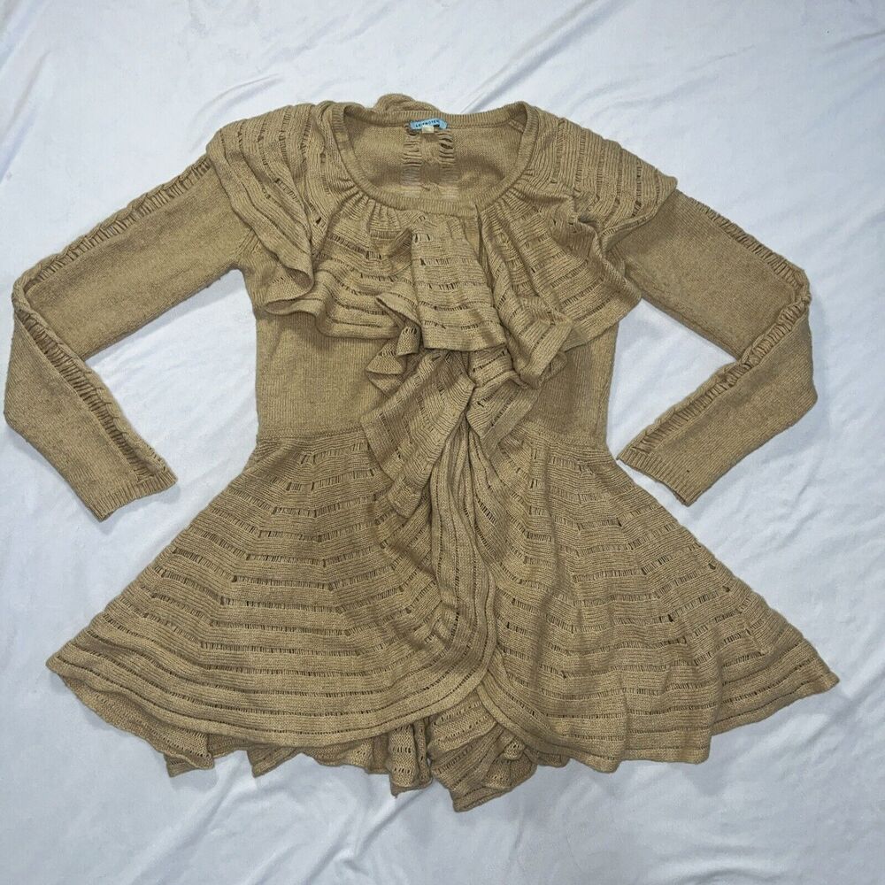 ANTHROPOLOGIE LEIFNOTES TAN RIDGED RUFFLES CASCADING SNAP CARDIGAN SWEATER M